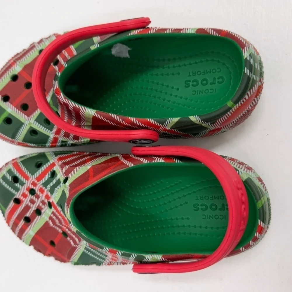 Crocs Kids Christmas Plaid C12 Clogs Red Green Holiday Slip On Shoes
